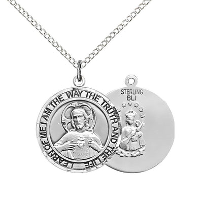 Sacred Heart of Jesus Scapular Sterling Silver Round Medal Pendant with Sterling Silver Chain, Measures 3/4-inch tall by 5/8-inch wide. Deluxe Gift Box, Bliss Manufacturing