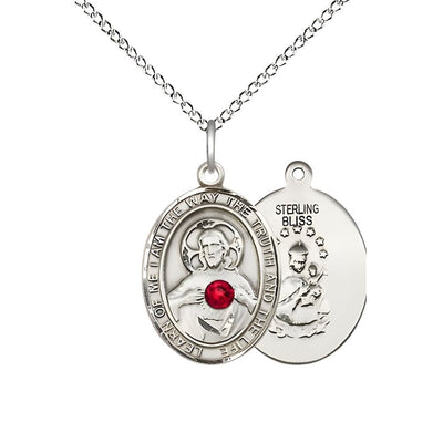 Red Crystal Sacred Heart of Jesus Scapular Sterling Silver Oval Medal Pendant with Sterling Silver Chain, Measures 3/4-inch tall by 1/2-inch wide. Deluxe Gift Box, Bliss Manufacturing