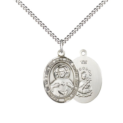 Sacred Heart of Jesus Scapular Sterling Silver Oval Medal Pendant with Rhodium-plated Chain, Measures 3/4-inch tall by 1/2-inch wide. Deluxe Gift Box, Bliss Manufacturing