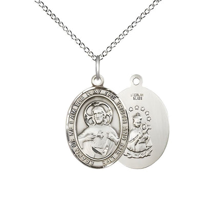 Sacred Heart of Jesus Scapular Sterling Silver Oval Medal Pendant with Sterling Silver Chain, Measures 3/4-inch tall by 1/2-inch wide. Deluxe Gift Box, Bliss Manufacturing