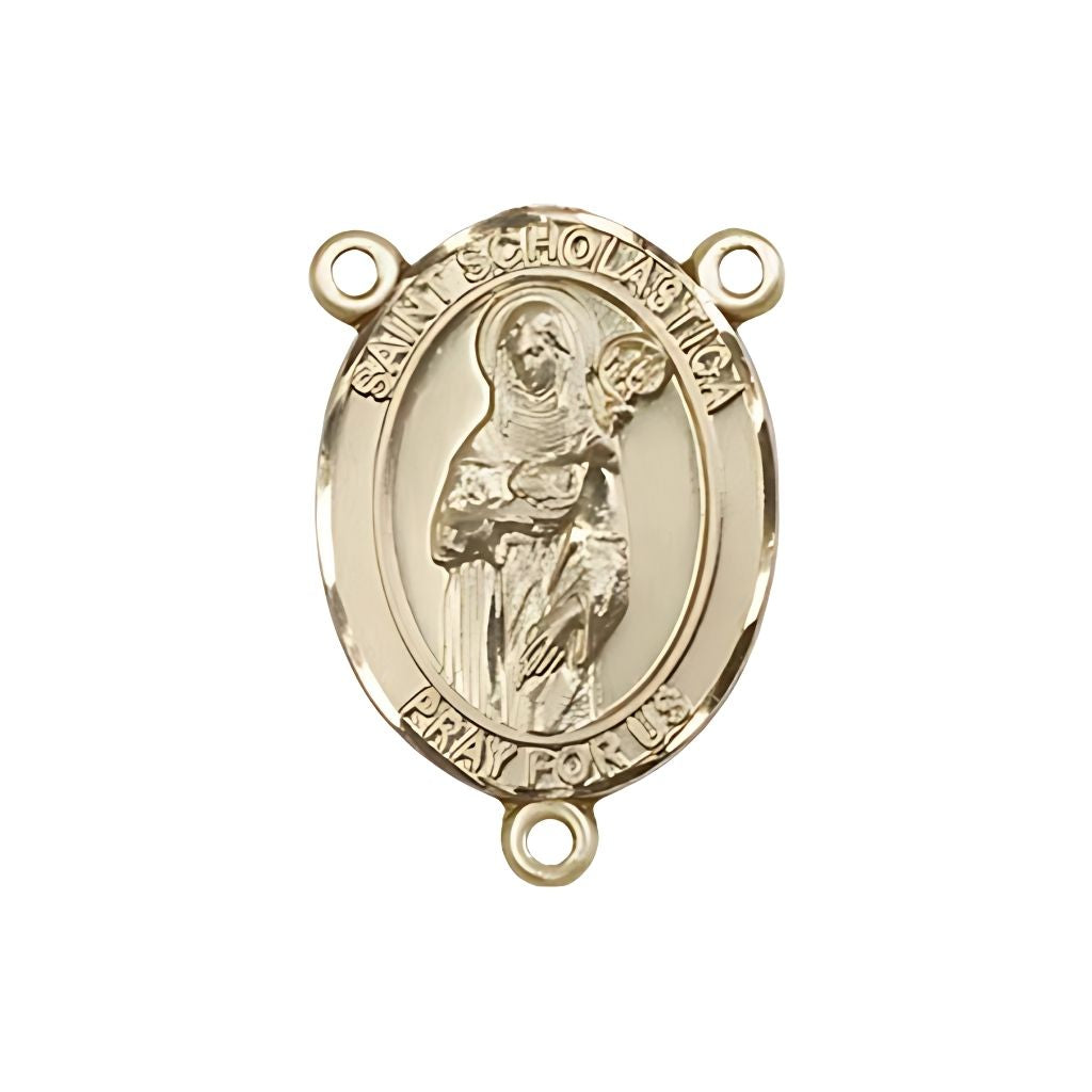 Bliss St. Scholastica Engravable Gold Rosary Centerpiece, Measures 3/4-inch tall by 1/2-inch wide