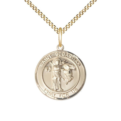 St. Sebastian 14kt Gold-filled Round Medal Pendant with Gold-plated Chain, Measures 3/4-inch tall by 5/8-inch wide, Bliss Manufacturing