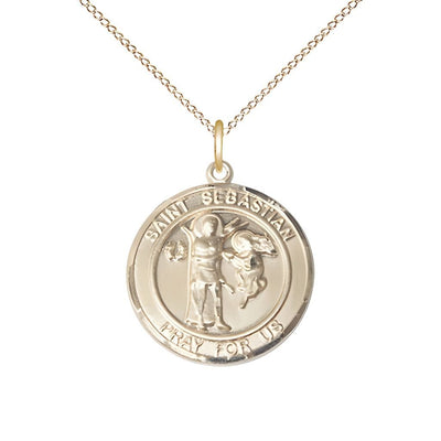 St. Sebastian 14kt Gold-filled Round Medal Pendant with Gold-filled Chain, Measures 3/4-inch tall by 5/8-inch wide, Bliss Manufacturing