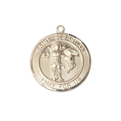 St. Sebastian with an Angel 14kt Gold Round Medal Pendant, Measures 3/4-inch tall by 5/8-inch wide, Bliss Manufacturing
