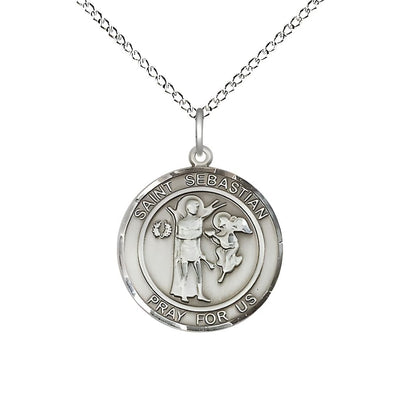 St. Sebastian Sterling Silver Round Medal Pendant with Sterling Chain, Measures 3/4-inch tall by 5/8-inch wide, Bliss Manufacturing