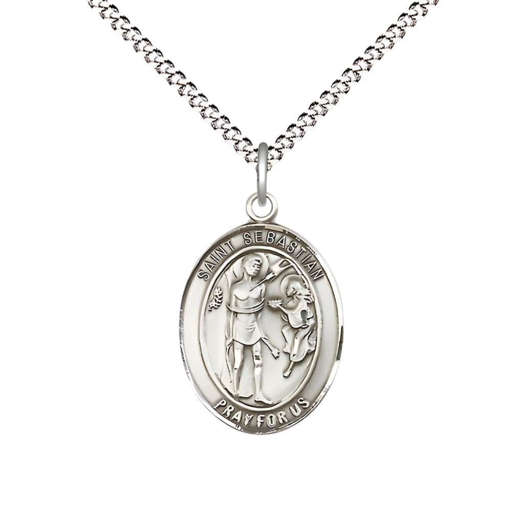 Bliss St. Sebastian Pewter Oval Medal Pendant with Rhodium-plated Chain, Measures 3/4-inch tall by 1/2-inch wide.