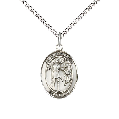 St. Sebastian Sterling Silver Oval Medal Pendant with Rhodium-plated Chain, Measures 3/4-inch tall by 1/2-inch wide, Bliss Manufacturing