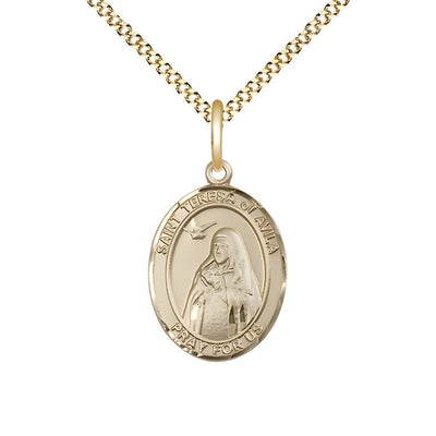 St Teresa of Avila Medium Gold-filled Oval Engravable Medal Necklace with Gold-Plated Chains, Bliss Manufacturing