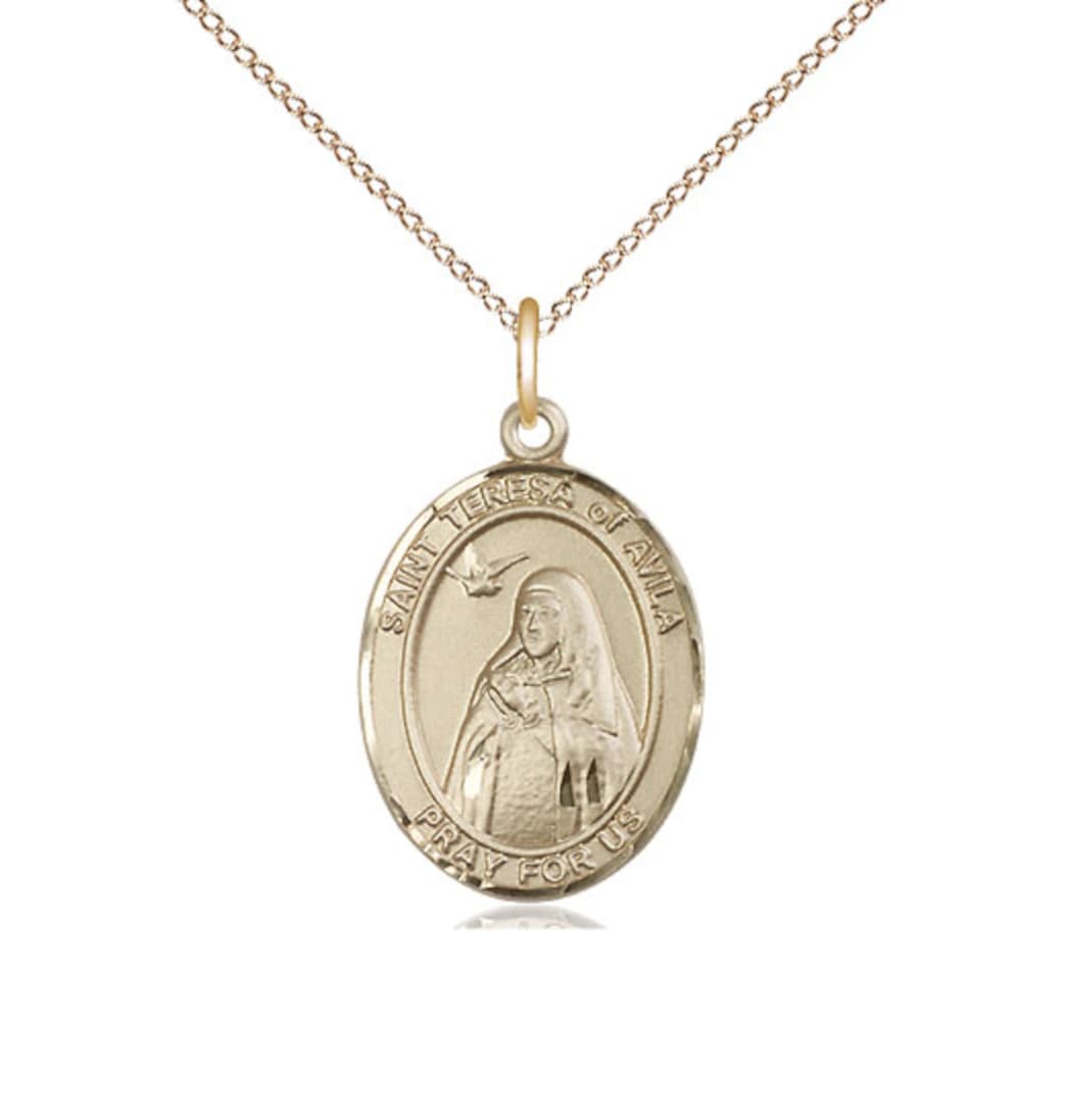 Bliss 14kt Gold St Teresa of Avila Pendant on a 18 inch 14kt Gold Light Curb Chain,