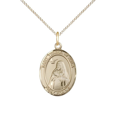 14kt Gold St Teresa of Avila Pendant on a 18 inch 14kt Gold Light Curb Chain, Bliss Manufacturing