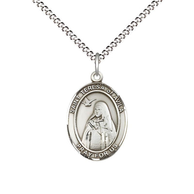 St Teresa of Avila Medium Sterling Silver Oval Engravable Medal Necklace with Plated Chains, Bliss Manufacturing