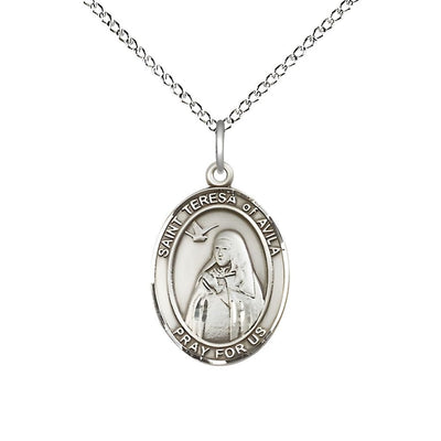 St Teresa of Avila Medium Sterling Silver Oval Engravable Medal Necklace with Sterling Silver Chains, Bliss Manufacturing