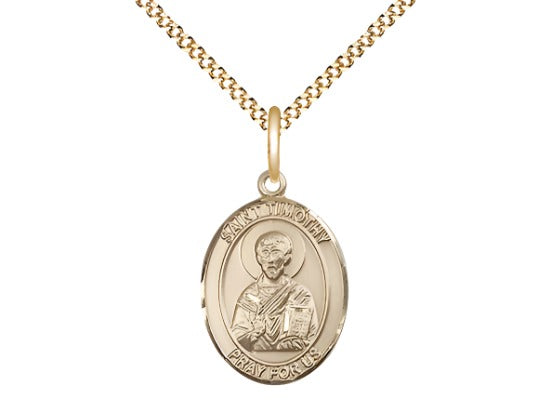 Bliss Medium 14kt Gold Filled St Timothy Pendant on a 18 inch Gold Plate Light Curb Chain,