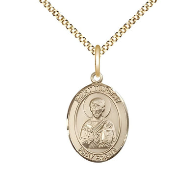 St. Timothy 14kt Gold-filled Oval Medal Pendant with Gold-plated Chain, Measures 3/4-inch tall by 1/2-inch wide, Bliss Manufacturing