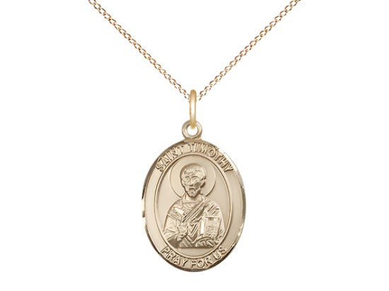 Medium Bliss 14kt Gold Filled St Timothy Pendant on a 18 inch Gold Filled Light Curb Chain,