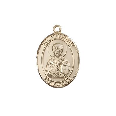 St. Timothy 14kt Gold Oval Medal Pendant, Measures 3/4-inch tall by 1/2-inch wide, Bliss Manufacturing