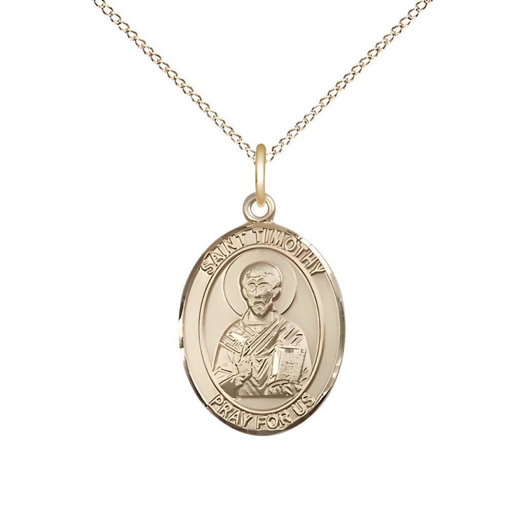 Bliss St. Timothy 14kt Gold Oval Medal Pendant with 14kt Gold Chain, Measures 3/4-inch tall by 1/2-inch wide.