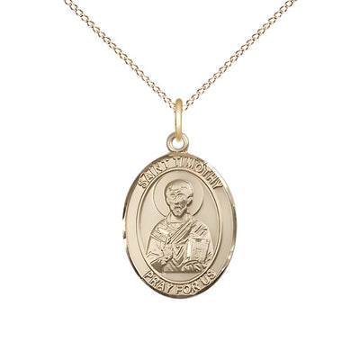 St. Timothy 14kt Gold Oval Medal Pendant with 14kt Gold Chain, Measures 3/4-inch tall by 1/2-inch wide, Bliss Manufacturing