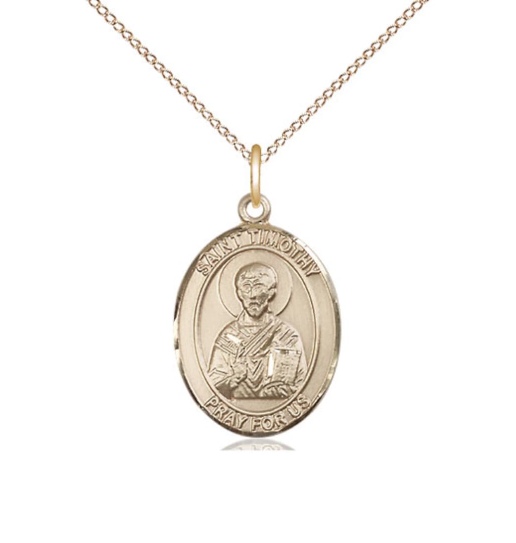 Medium Bliss 14kt Gold St Timothy Pendant on a 18 inch 14kt Gold Light Curb Chain,