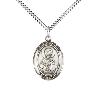 St. Timothy Pewter Oval Medal Pendant with Rhodium-plated Chain, Measures 3/4-inch tall by 1/2-inch wide, Bliss Manufacturing