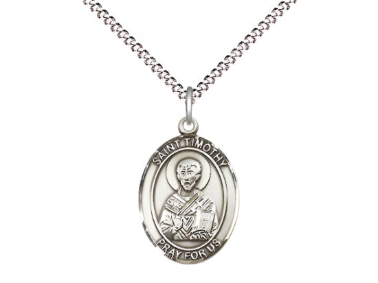 Medium Bliss Sterling Silver St Timothy Pendant on a 18 inch Light Rhodium-plated Light Curb Chain,