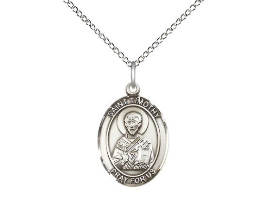 Bliss Medium Sterling Silver St Timothy Pendant on a 18 inch Sterling Silver Light Curb Chain,