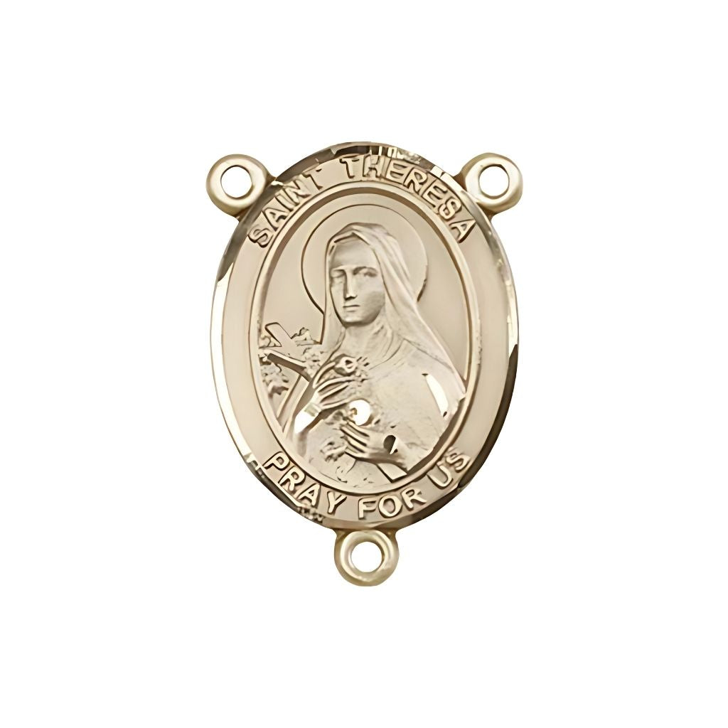 Bliss St. Theresa Engravable Gold Rosary Centerpiece, Measures 3/4-inch tall by 1/2-inch wide