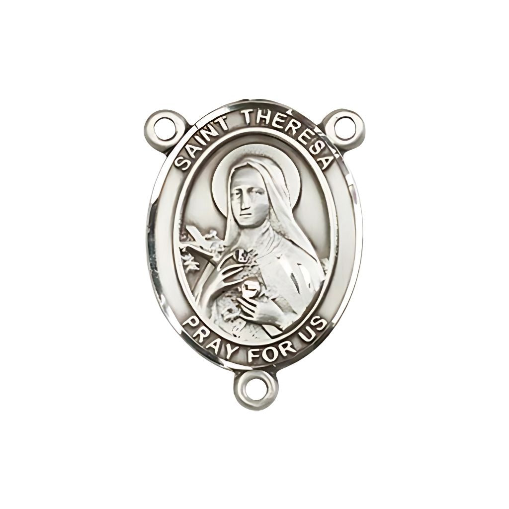 Bliss St. Theresa Engravable Silver Rosary Centerpiece, Measures 3/4-inch tall by 1/2-inch wide