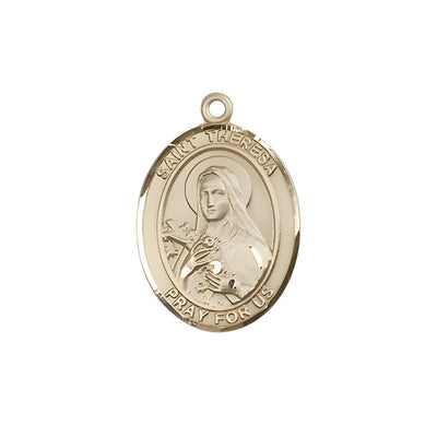 St. Theresa 14kt Gold Oval Medal Pendant, Measures 3/4-inch tall by 1/2-inch wide, Bliss Manufacturing
