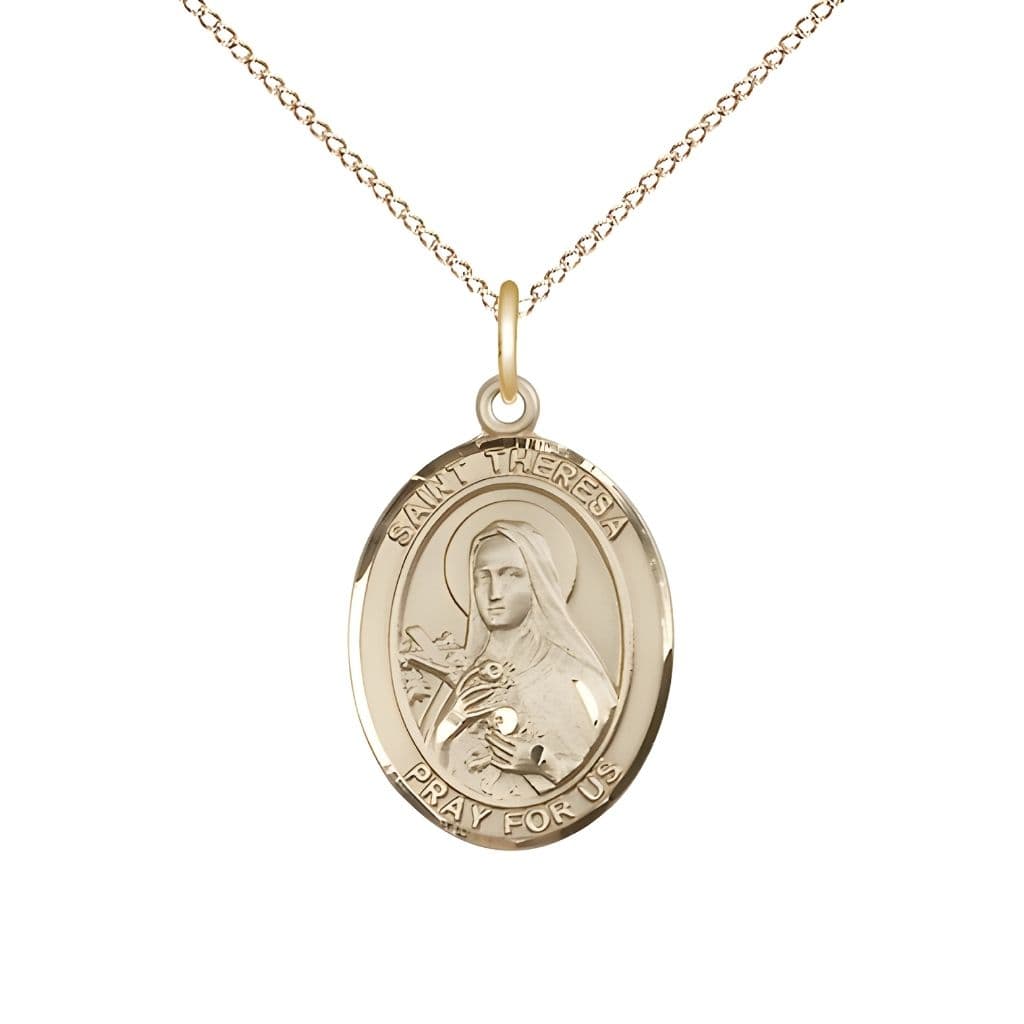 Bliss St. Theresa 14kt Gold Oval Medal Pendant with 14kt Gold Chain, Measures 3/4-inch tall by 1/2-inch wide.