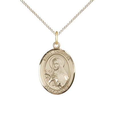 St. Theresa 14kt Gold Oval Medal Pendant with 14kt Gold Chain, Measures 3/4-inch tall by 1/2-inch wide, Bliss Manufacturing