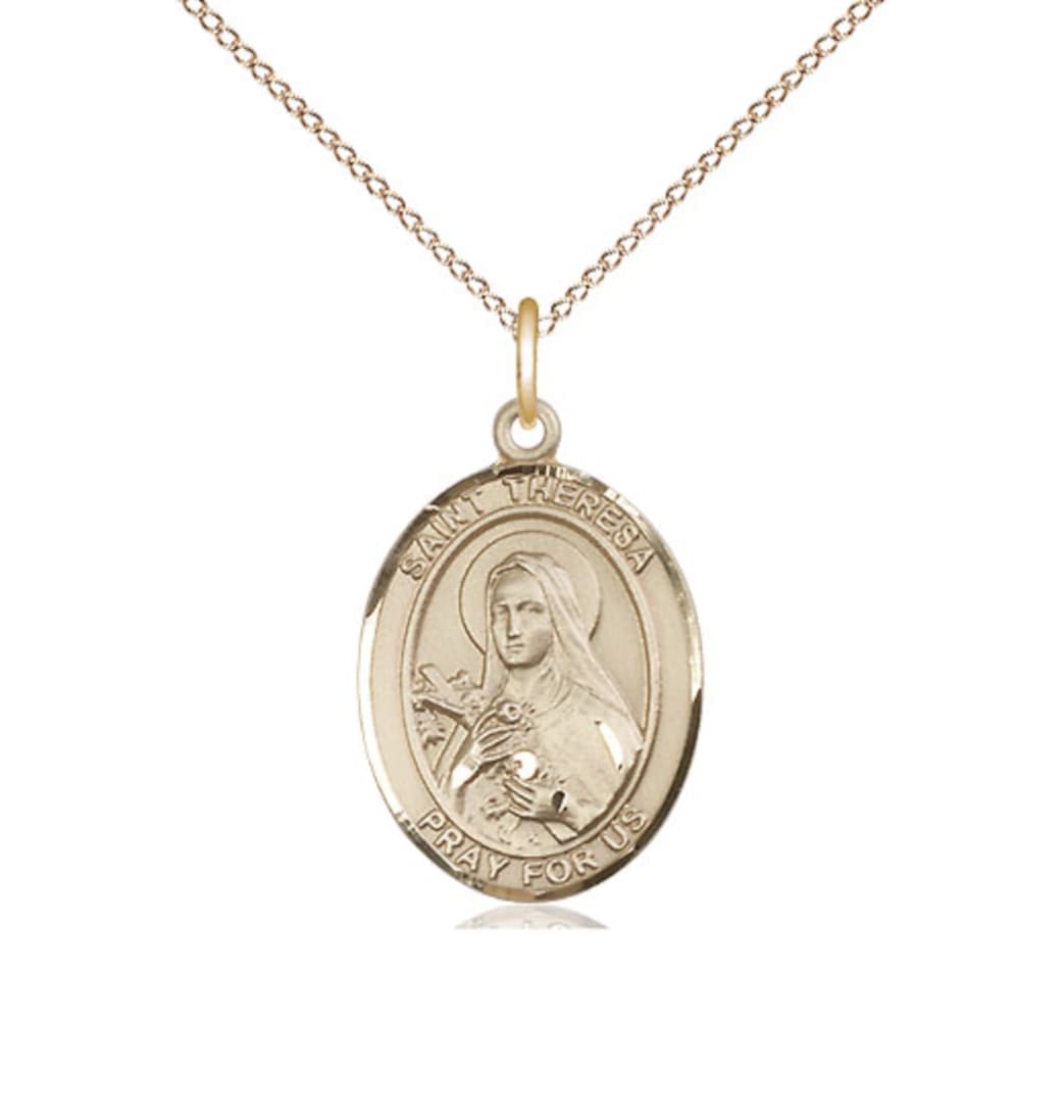 Medium Bliss 14kt Gold St Theresa Pendant on a 18 inch 14kt Gold Light Curb Chain,