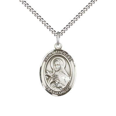 St. Theresa Sterling Silver Oval Medal with Rhodium-plated Chain, Measures 3/4" tall x 1/2" wide, Bliss Manufacturing