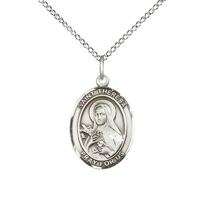 St. Theresa Sterling Silver Oval Medal with Sterling Silver Chain, Measures 3/4" tall x 1/2" wide, Bliss Manufacturing