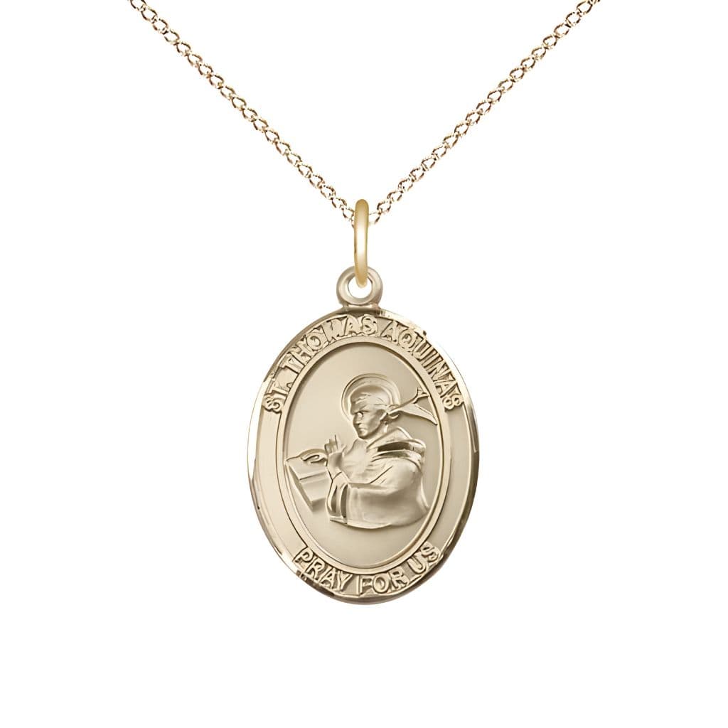 Bliss St. Thomas Aquinas 14kt Gold Oval Medal Pendant with 14kt Gold Chain, Measures 3/4-inch tall by 1/2-inch wide.