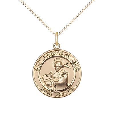St. Thomas Aquinas 14kt Gold Round Medal Pendant with 14kt Gold Chain, Measures 3/4-inch tall by 5/8-inch wide, Bliss Manufacturing