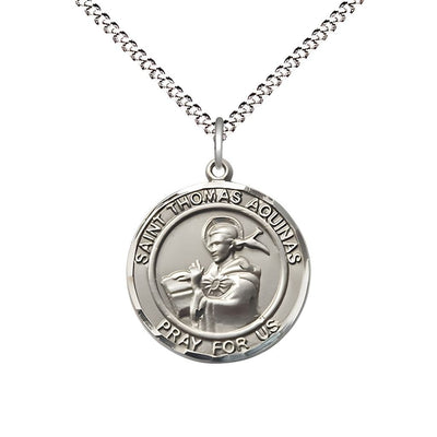 St. Thomas Aquinas Pewter Round Medal Pendant with Rhodium-plated Chain, Measures 3/4-inch tall by 5/8-inch wide, Bliss Manufacturing