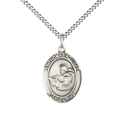 St. Thomas Aquinas Sterling Silver Oval Medal Pendant with Rhodium-plated Chain, Measures 3/4-inch tall by 1/2-inch wide, Bliss Manufacturing