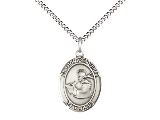 Medium Bliss Sterling Silver St Thomas Aquinas Pendant on a 18 inch Light Rhodium Light Curb Chain,