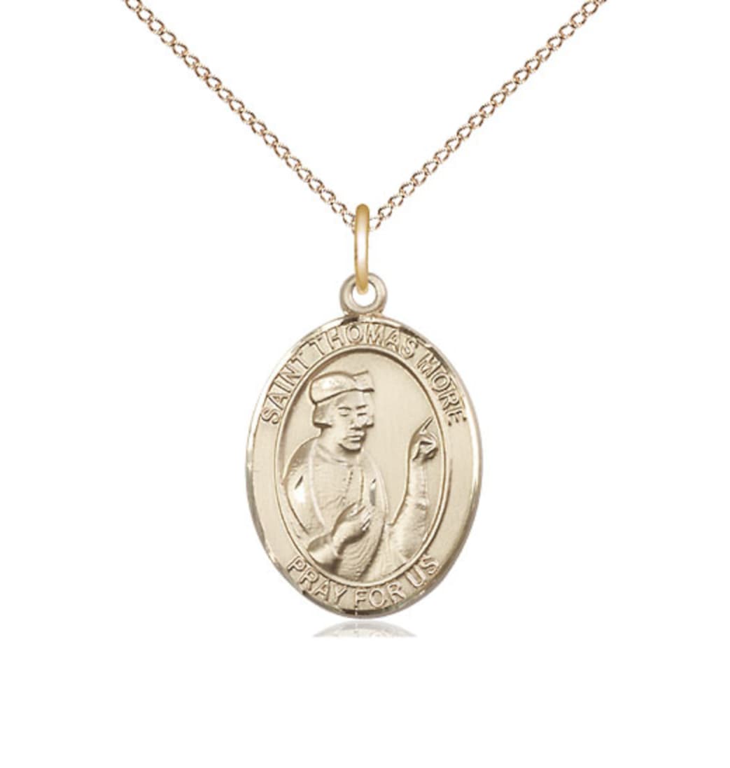 Bliss Medium 14kt Gold St Thomas More Pendant on a 18 inch 14kt Gold Light Curb Chain,