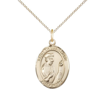 Medium 14kt Gold St Thomas More Pendant on a 18 inch 14kt Gold Light Curb Chain, Bliss Manufacturing