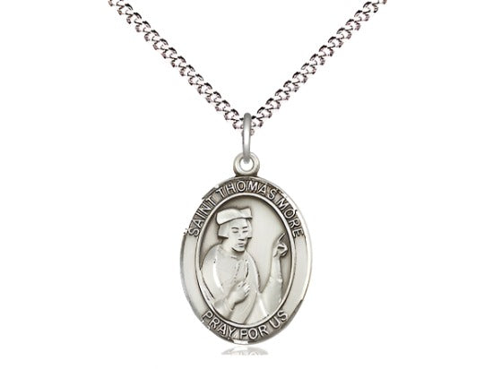 Bliss Medium Pewter St Thomas More Pendant on a 18 inch Light Rhodium Light Curb Chain,