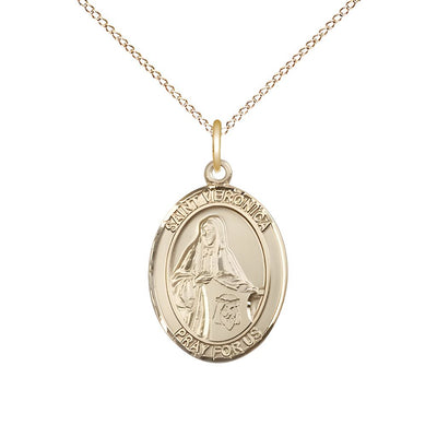 St. Veronica 14kt Gold Oval Medal Pendant with 14kt Gold Chain, Measures 3/4-inch tall by 1/2-inch wide, Bliss Manufacturing