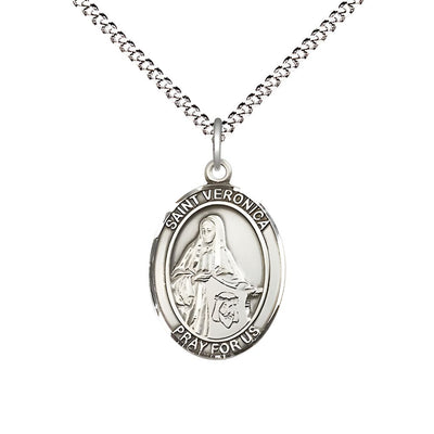 St. Veronica Pewter Oval Medal Pendant with Rhodium-plated Chain, Measures 3/4-inch tall by 1/2-inch wide, Bliss Manufacturing