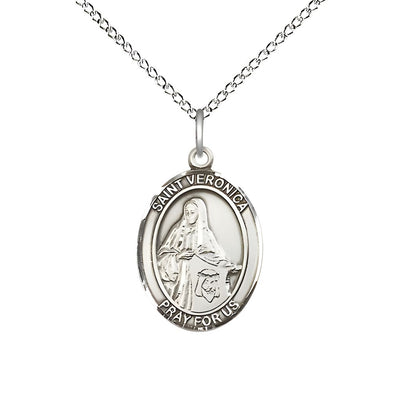 St. Veronica Sterling Silver Oval Medal Pendant with Sterling Chain, Measures 3/4-inch tall by 1/2-inch wide, Bliss Manufacturing