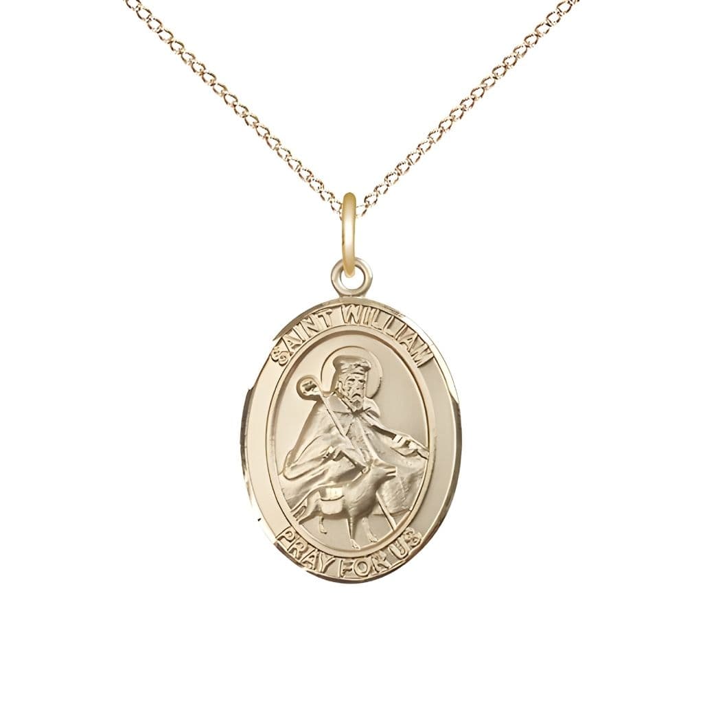Bliss St. William of Rochester 14kt Gold Oval Medal Pendant with 14kt Gold Chain, Measures 3/4-inch tall by 1/2-inch wide.