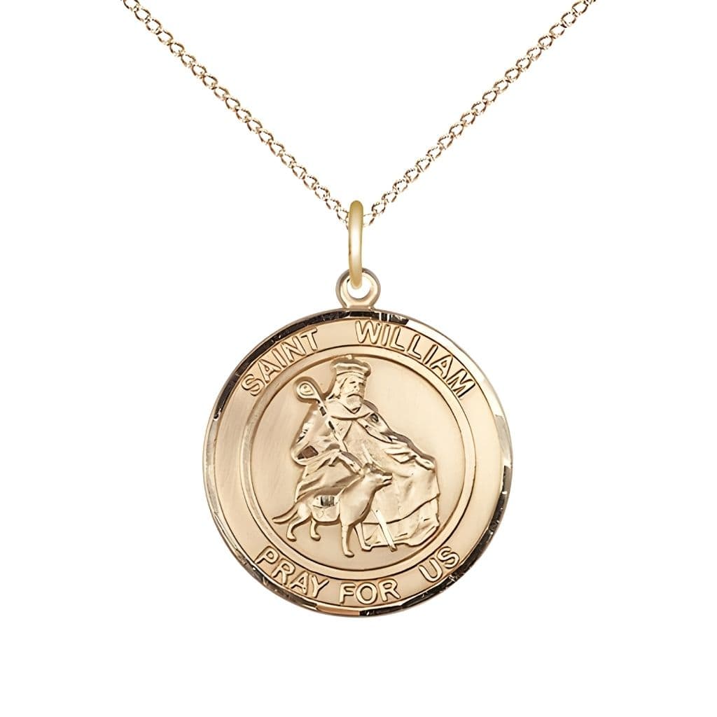 Bliss St. William of Rochester 14kt Gold Round Medal Pendant with 14kt Gold Chain, Measures 3/4-inch tall by 5/8-inch wide