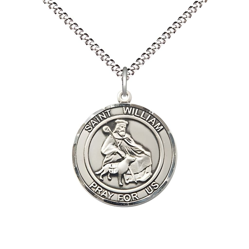 Bliss St. William of Rochester Sterling Silver Round Medal Pendant with Rhodium-plated Chain, Measures 3/4-inch tall by 5/8-inch wide.