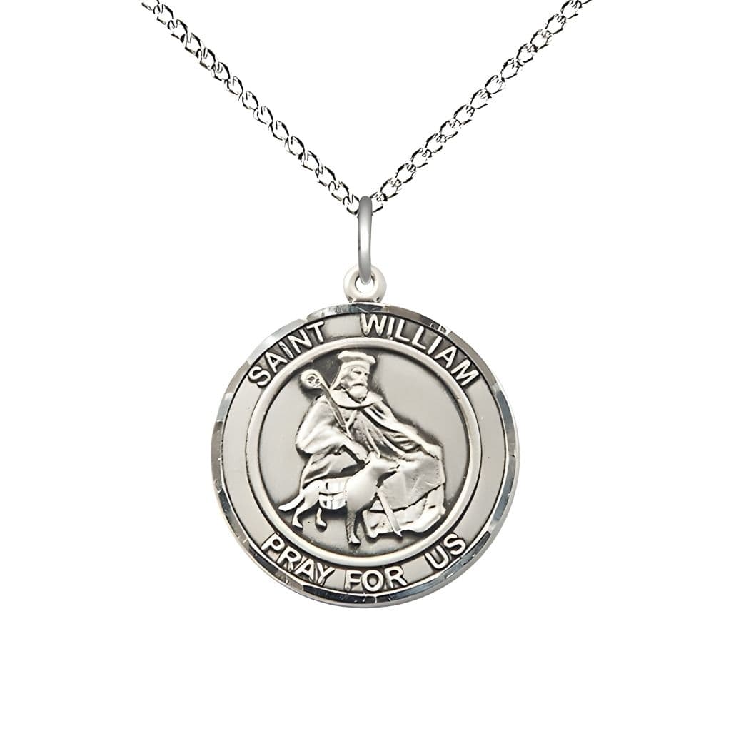 Bliss St. William of Rochester Sterling Silver Round Medal Pendant with Sterling Chain, Measures 3/4-inch tall by 5/8-inch wide.