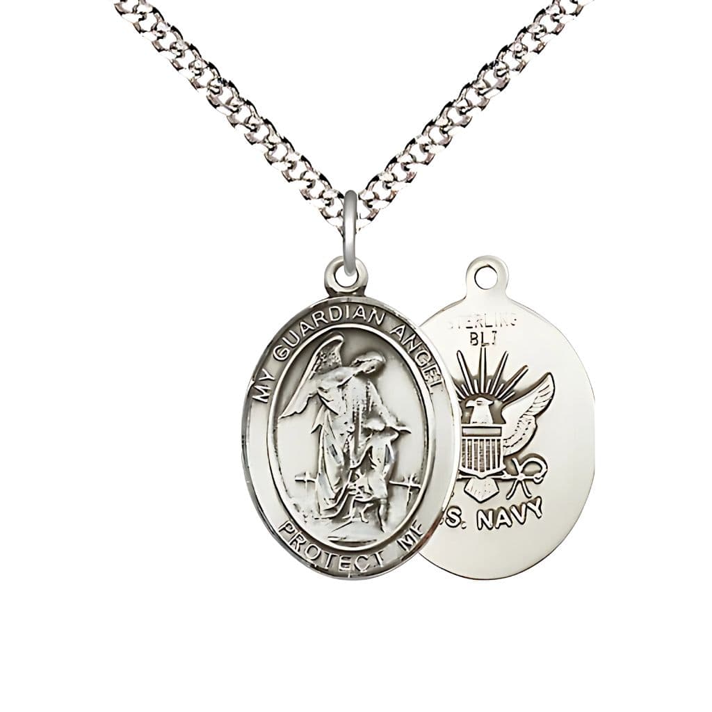 Bliss 'My Guardian Angel' and U.S. Navy Emblem Sterling Silver Medal with Plated Chain, 3/4-inch,